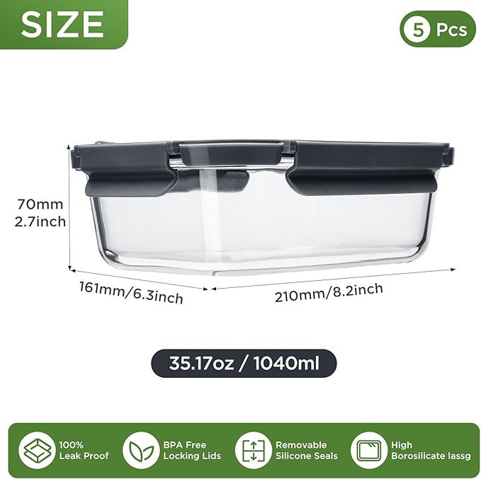 Spreccio Glass Food Storage Containers with Lids, 5 Pack of 36oz, Glass Meal Prep Container with Airtight Lids, Microwave Safe Food Container Set, BPA Free, LeakProof, Ideal for Lunch