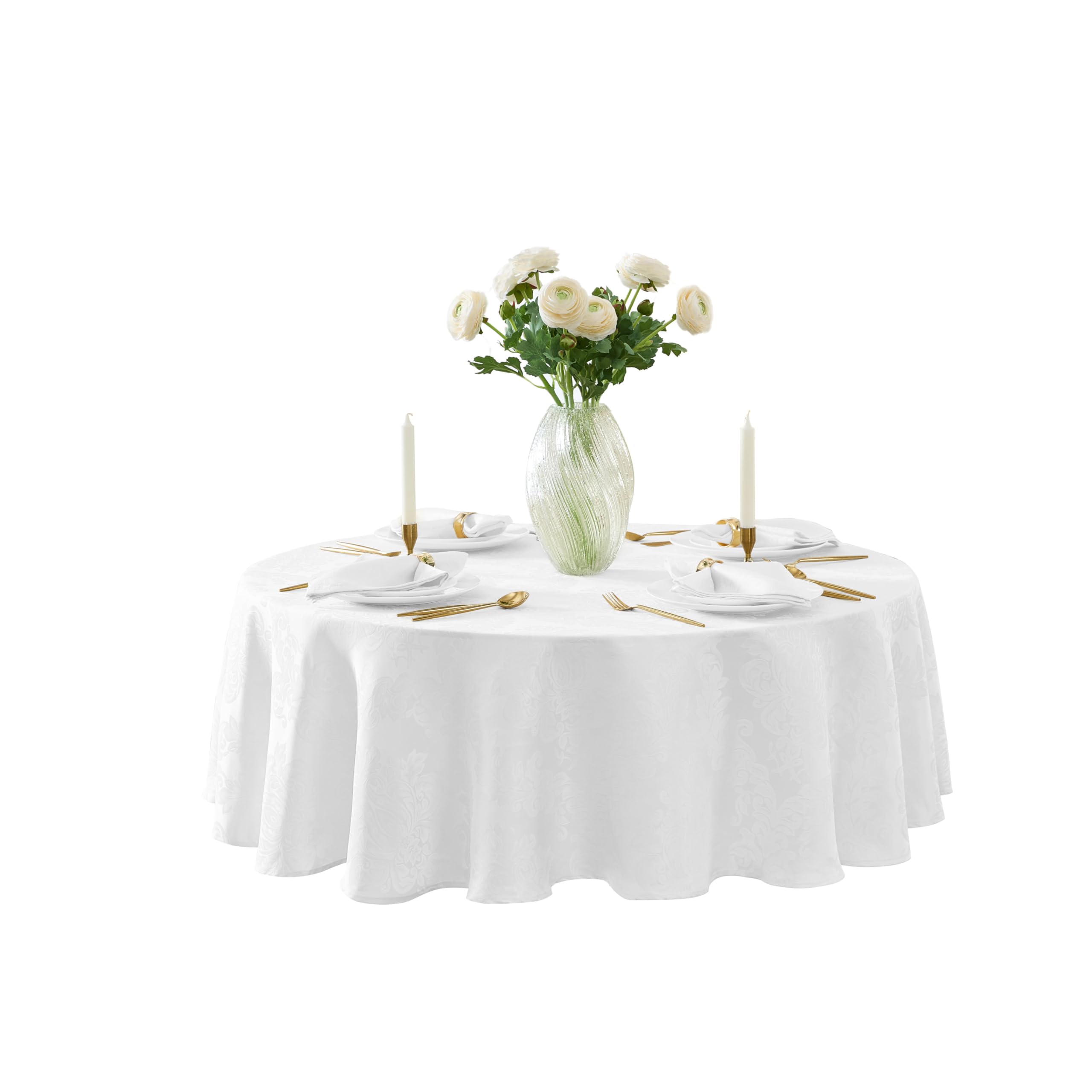 Newbridge Barcelona Luxury Damask Fabric Tablecloth, 70” Round, White, 100% Polyester, No Iron, Soil Resistant Dining Room, Party and Banquet Table Cover