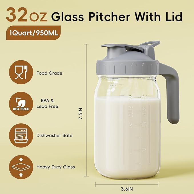 JunVpic Breast Milk Pitcher, 32 oz Wide Mouth Glass Mason Jar