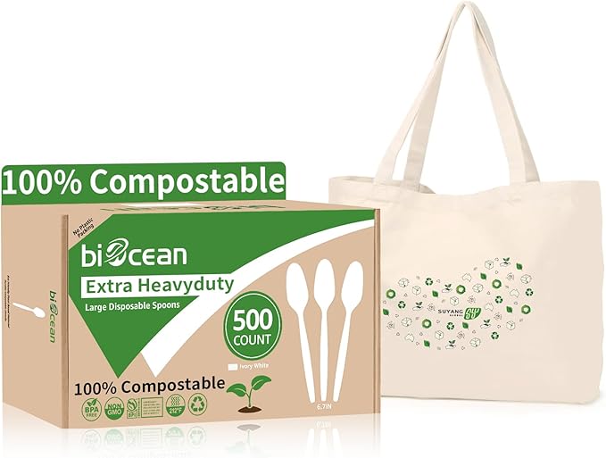 Biocean Extra Heavyduty Compostable Spoons [500 Count,6.7In] Disposable Cutlery No Plastic Spoons Large Biodegradable Utensils Eco Friendly Silverware for Party,BBQ,Daily Use [With Tote]
