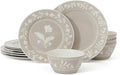Martha Stewart Dinnerware Set - Maiden Crown 12-Piece Dish Set, Taupe – New Bone China Ceramic Plates & Bowls – Floral Design – Service for 4 – Microwave & Dishwasher Safe