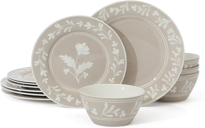 Martha Stewart Dinnerware Set - Maiden Crown 12-Piece Dish Set, Taupe – New Bone China Ceramic Plates & Bowls – Floral Design – Service for 4 – Microwave & Dishwasher Safe