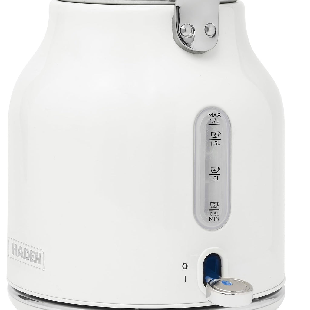 Haden Heritage Stainless Steel Body Retro Electric Tea Kettle, White and Haden Heritage 4 Slice Wide Slot Stainless Steel Retro Toaster, White