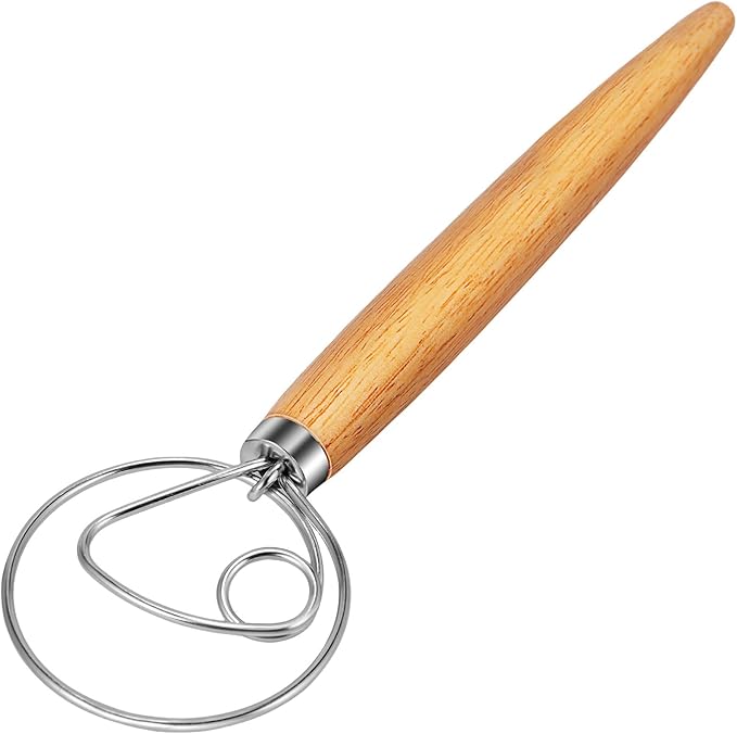 TEEVEA Danish Dough Whisk Wooden Handle Stainless Steel for Sourdough Bread