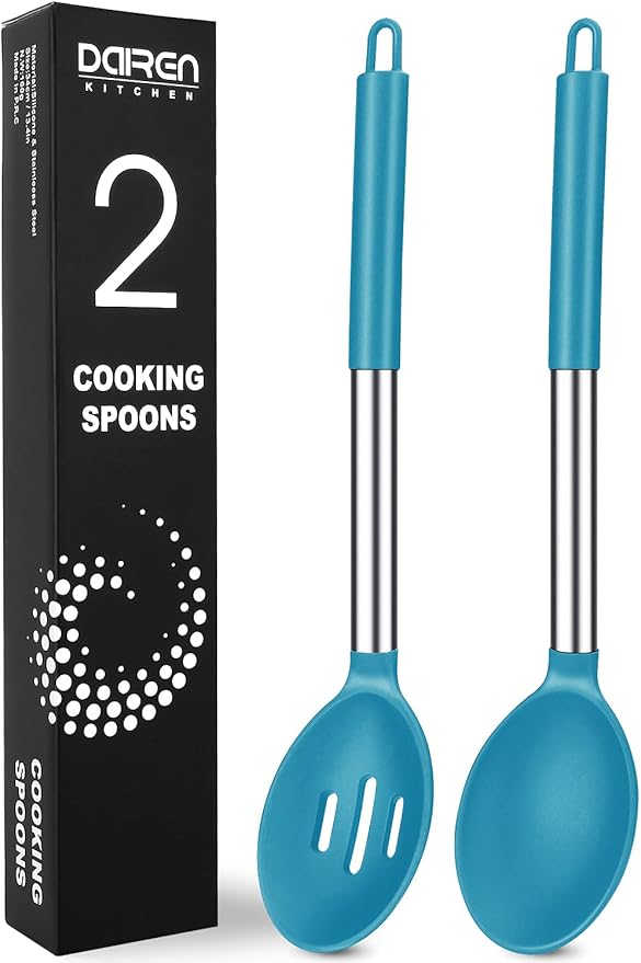 Pack of 2 Large Silicone Cooking Spoons, BPA Free Kitchen Scoops (Blue)