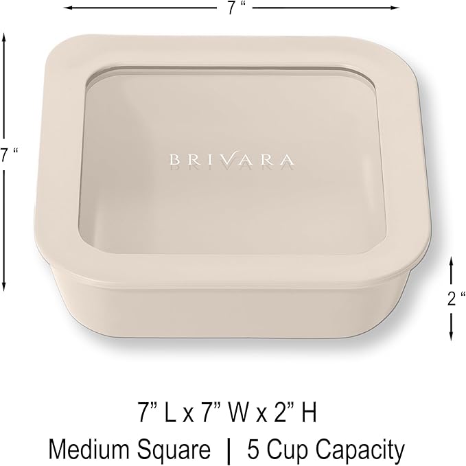 BRIVARA HOME Glass Food Storage Container with Lid, 5-Cup Medium Square | Microwave-Safe Airtight Lid, Oven-Safe Ceramic-Coated Glass | Zero Plastic, No PFAS/PFOA/BPA, Reusable [Crema]