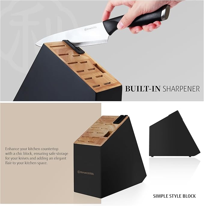 Black Knife Set, 13-Piece Knife Block Set with Built-in Sharpener