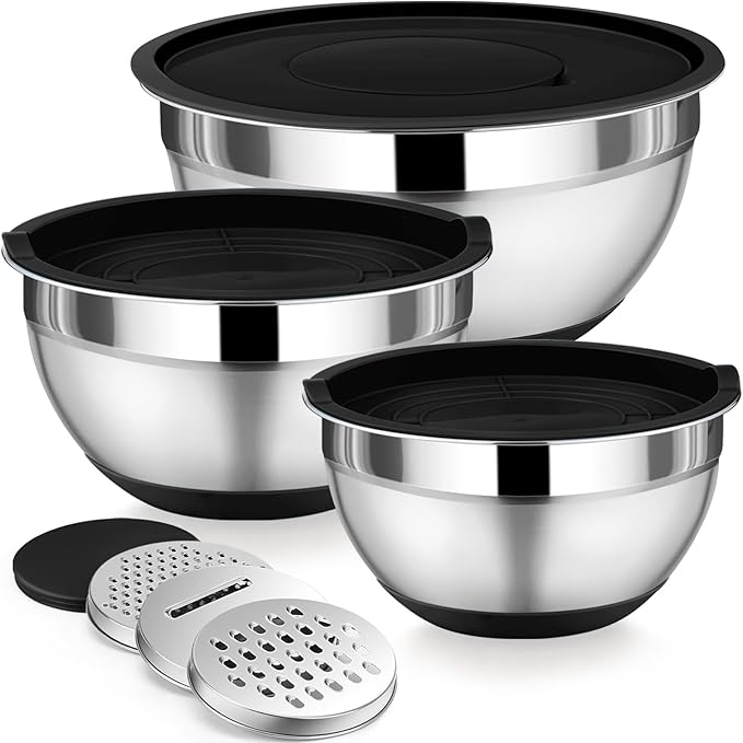 P&P CHEF Mixing Bowl with Lid Set of 3, Stainless Steel Salad Bowls, Black