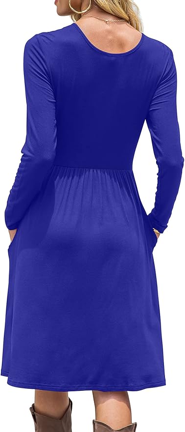 DB MOON Women Casual Long Sleeve Dresses Empire Waist Loose Dress with Pockets (Royal Blue, L)