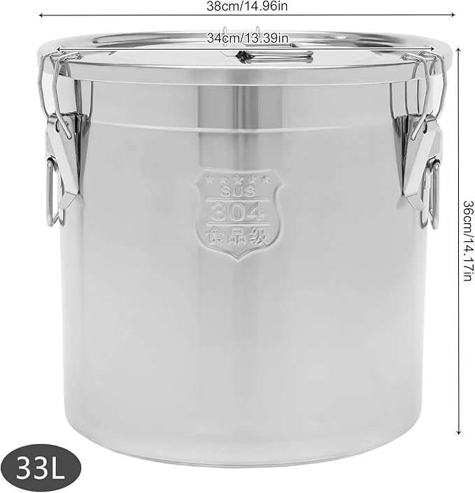 Beaccoss 304 Stainless Steel Airtight Canister for Kitchen, 8.7Gal Canisters Container with Lids and Sturdy Locking Clamp,Bucket Food Storage Containers Airtight for Flour Coffee Bean Tea (33L)