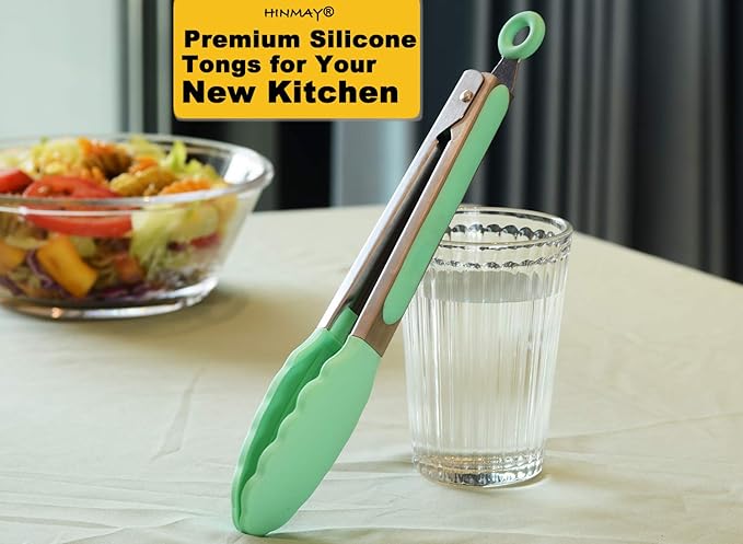 HINMAY 9" Kitchen Cooking Tongs with Silicone Tips, Set of 3 (Mint)