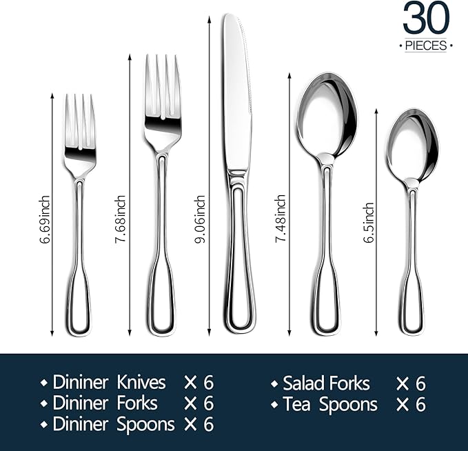 Silverware Set for 6, 30 Piece Boston Style Stainless Steel Flatware Set