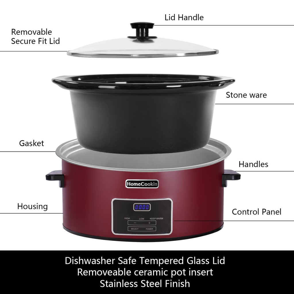 HOMECOOKIN 6 Quart Programmable Slow Cooker, Kitchen Appliances, Perfect Kitchen Small Appliance for Family Dinners, Red Stainless Steel