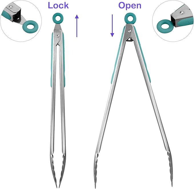 304 Stainless Steel Kitchen Cooking Tongs, 14 & 16", Set of 2, Aqua Sky