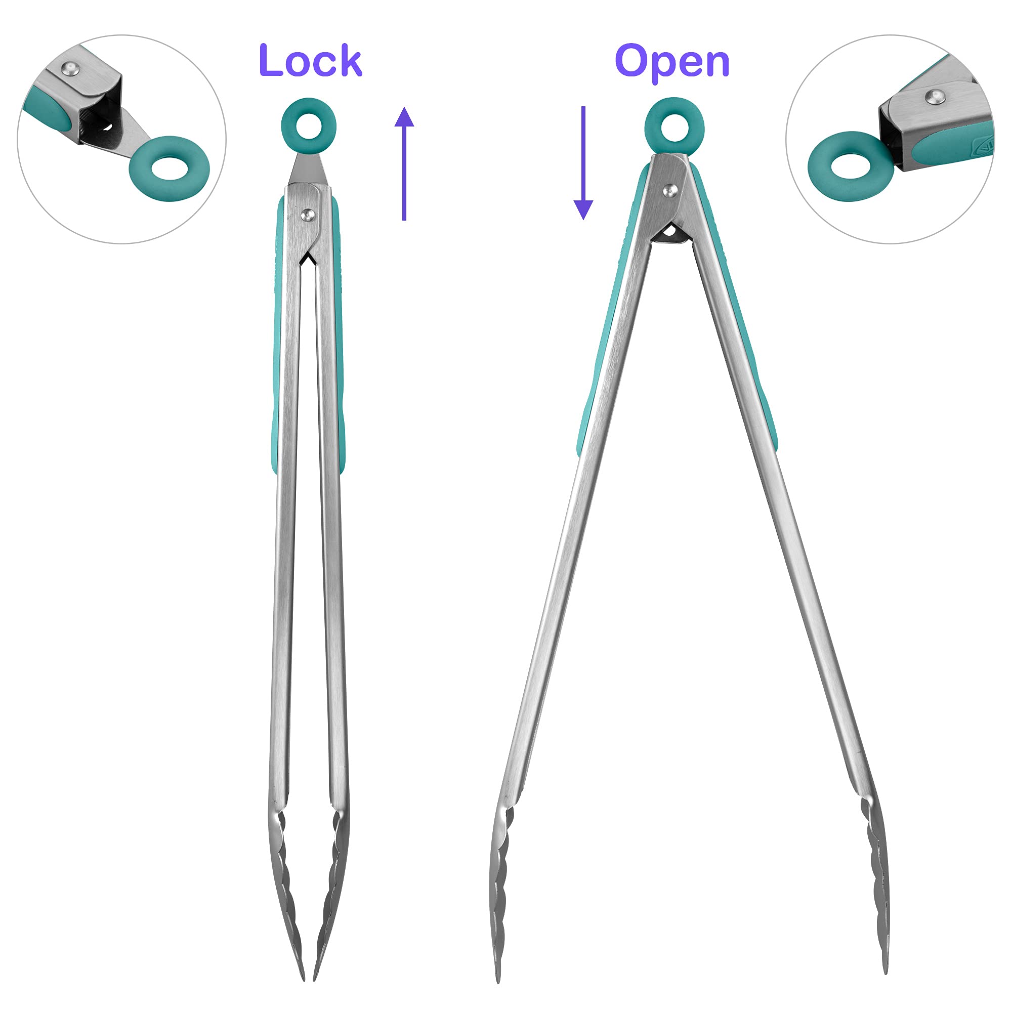 304 Stainless Steel Kitchen Cooking Tongs, 14 & 16", Set of 2, Aqua Sky