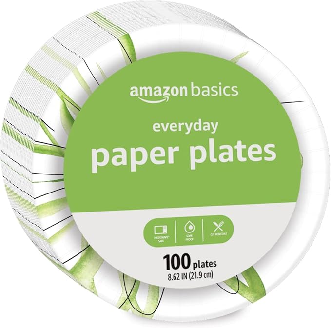 Amazon Basics Everyday Disposable Paper Plates, 8.62 Inch, Microwave-Safe, Cut Resistant, Soak-Proof, 100 Count, Packaging May Vary