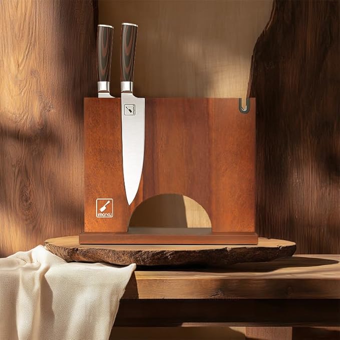 Imarku Magnetic Knife Block with Built-in Handle, Double Sided Acacia Wood Magnetic Knife Holder for Kitchen Counter, Magnetic Knife Storage Stand with Knife Sharpener, Easy to Clean & Move