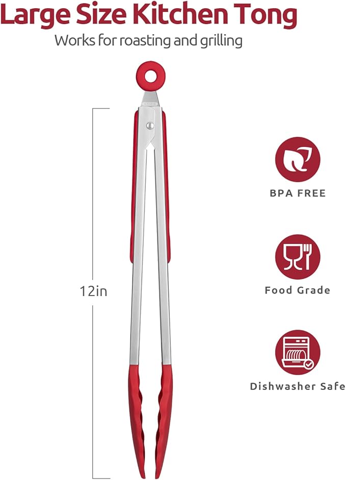 U-Taste Kitchen Tong for Cooking, 480ºF Heat-Resistant Silicone, 12in/Red