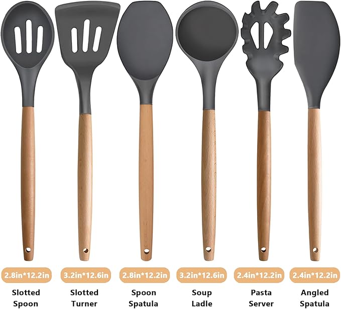 IOCBYHZ Kitchen Cooking Utensils Set, 6Pcs Silicone Kitchen Utensils Set Spatula Spoon Soup Ladle Turner, Heat Resistant Wooden Handle Silicone Cooking Gadgets for Nonstick Cookware & Baking BPA FREE