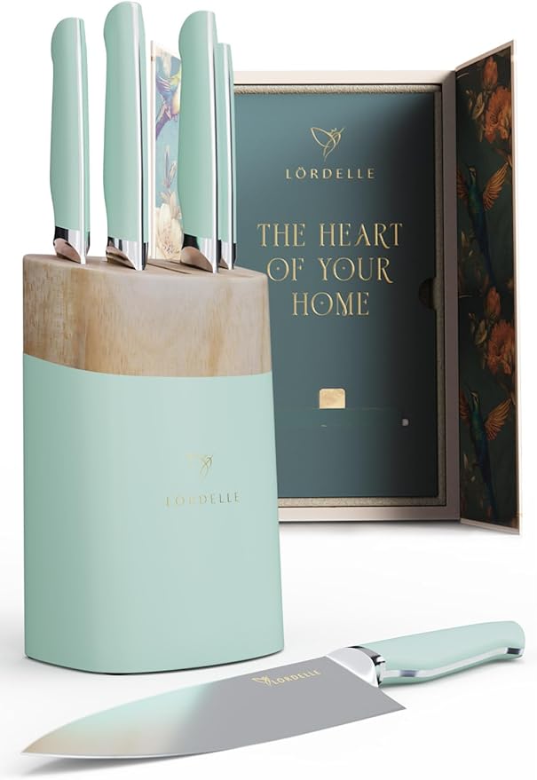 LORDELLE Knife Block Set - 5 Piece Set - Coastal Green - Lifestyle Home Kitchen Design - German X50 Stainless Steel - ABS Handle - Ash Wood Block - Cooking Chef Knife, Santoku, Paring, Utility