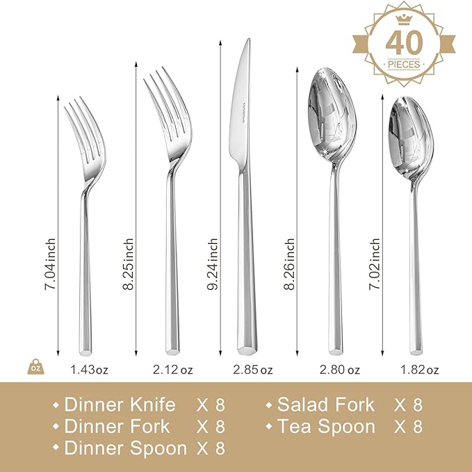 KINGSTONE 40-Piece Silverware Set, 18/10 Stainless Steel