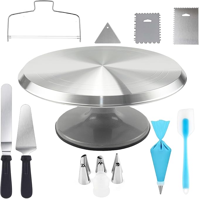 hvominxs Aluminium Cake Turntable Set with Revolving 12 Inch Cake Stand for Decorating, Offset Spatula, Cake Server, Stainless Steel Frosting Icing Smoother, Pastry Bags and Other Baking Tools（16Pcs）