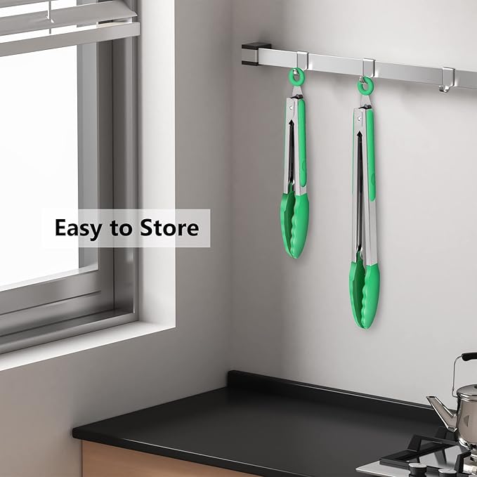 2 Pack Silicone Kitchen Tongs – 9" & 12" Set, Heat Resistant up to 500°F, Non‑Stick Cookware Safe, Wavy Silicone Tips, BPA Free, Locking Clip & Hanging Loop, Dark Green