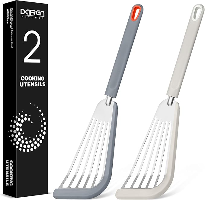 Fish Spatula Turner, Thin Slotted Spatulas for Nonstick Cookware,Silicone Edge Heat Resistant Kitchen Flipper for Fish, Egg, Pancake(Stainless Steel, 2Pack)