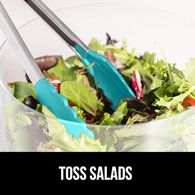 GORILLA GRIP Stainless Steel BPA-Free Kitchen Tongs for Cooking, Heat Resistant BBQ Tong Set of 2, Non Scratch Silicone Tip for Pan, Strong Grip, Grab Food, Toss Salad, Pull Lock, 7+9 Inch, Turquoise