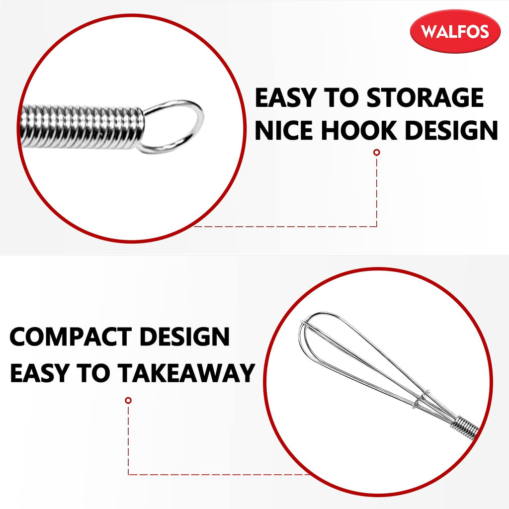 Walfos Mini Whisks Stainless Steel, Small Whisk 2 Pieces, 5in and 7in Tiny Whisk for Whisking, Beating, Blending Ingredients, Mixing Sauces