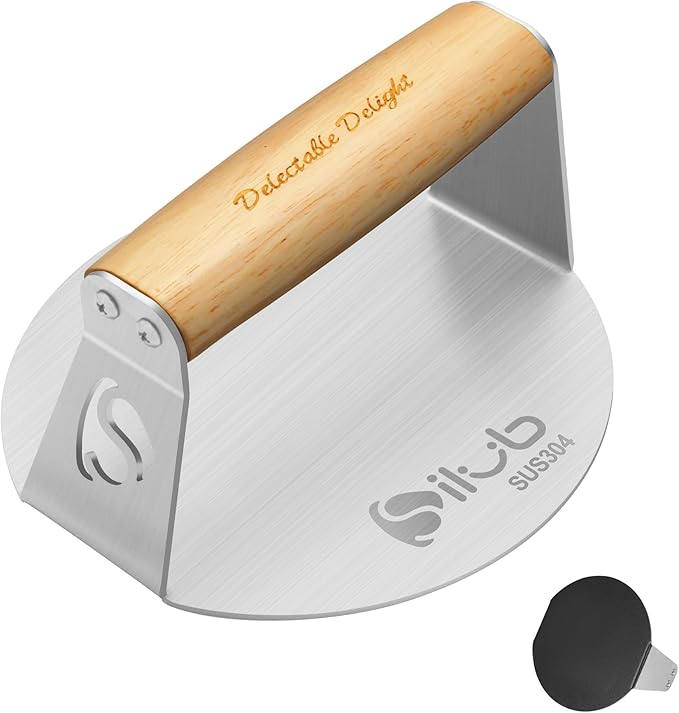 SILUB Smash Burger Press,304 Stainless Steel 6.0 Inches Round Hamburger Smasher with Anti Scald Wood Handle, Non-Stick Burger Press Perfect for Flat Top Griddle Grill Cooking (6'' Coated Press)