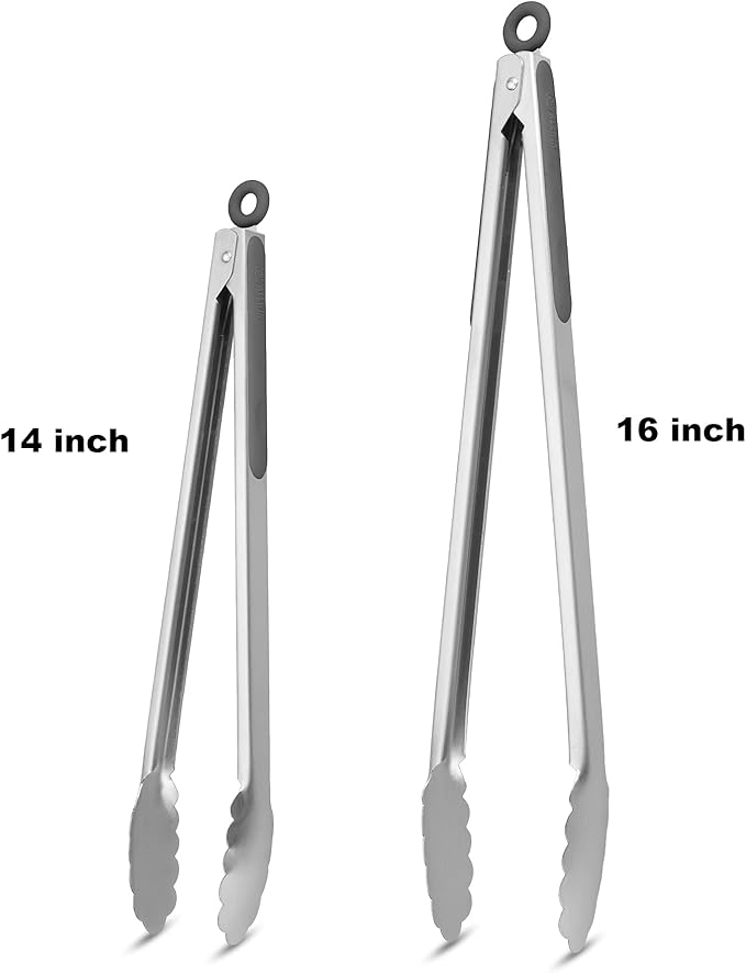 304 Stainless Steel Kitchen Cooking Tongs, 14 & 16 Inch, Set of 2, Grey