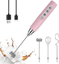 YUSWKO Handheld Milk Frother Wand for Coffee, Rechargeable Electric Whisk with 3 Heads 3 Speeds Drink Mixer Coffee Frother For Latte, Cappuccino, Hot Chocolate, Egg, Pink