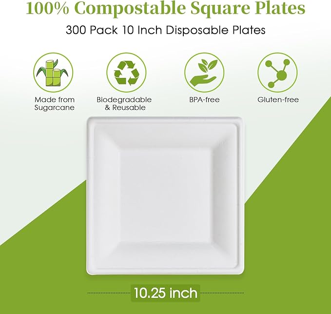 ECOLipak 10 Inch Square Paper Plates, 300 Pack Compostable Disposable Plate