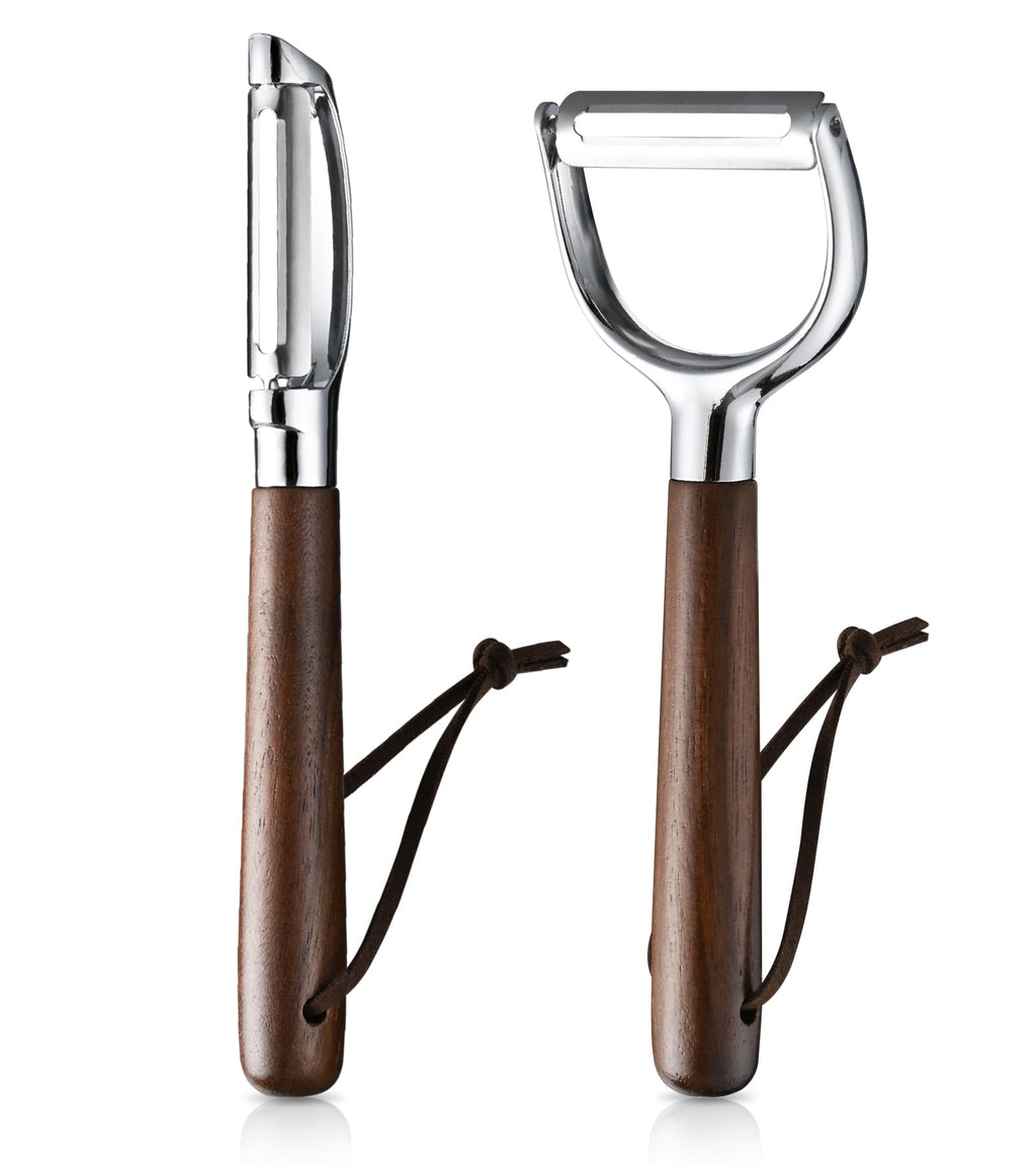 Ugotit Fruit Vegetable Peeler Set for Kitchen, Stainless Steel Potato Peelers Ultra Sharp Swivel Blade, Premium Real Wood Handle Leather Strap (Y&I Shaped)