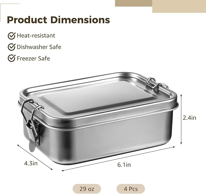 Tideme 4 PCS Bento Boxes, 850 ML Stainless Steel Lunch Boxes, Food Storage Containers, Portable Metal Lunch Containers, Lockable Clips to Leak Proof, Reusable Dishwasher Safe Lunch Snack Boxes