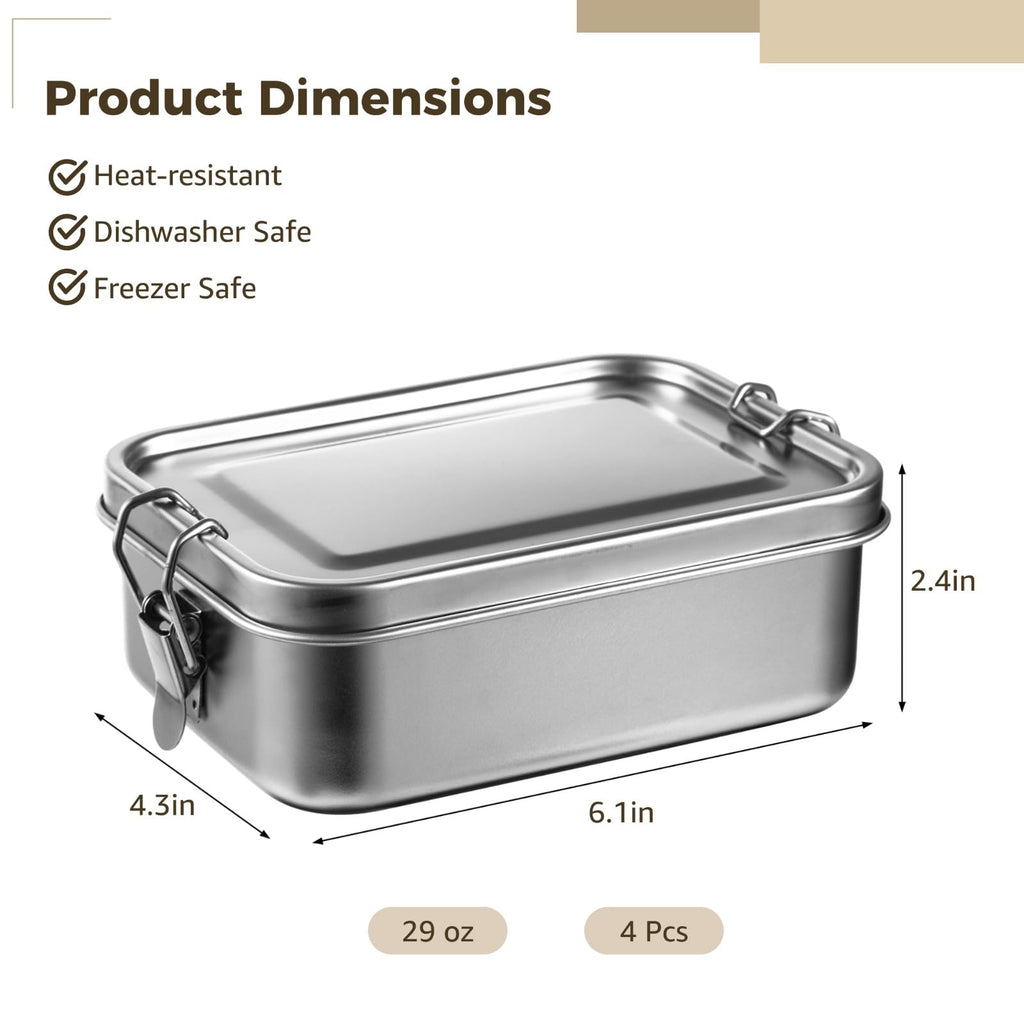 Tideme 4 PCS Bento Boxes, 850 ML Stainless Steel Lunch Boxes, Food Storage Containers, Portable Metal Lunch Containers, Lockable Clips to Leak Proof, Reusable Dishwasher Safe Lunch Snack Boxes