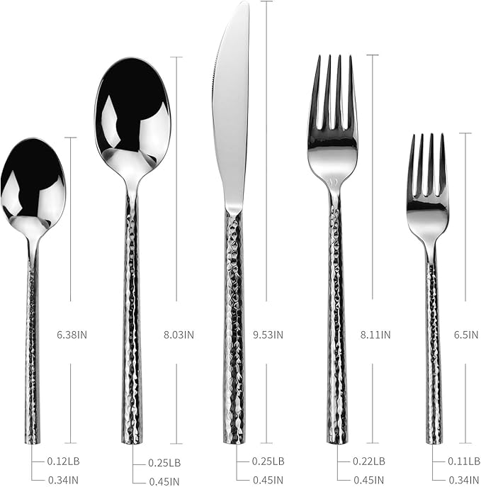 Kelenfer 18/10 Stainless Steel Flatware Set Hand Forged Silverware Set Cutlery Set Round Hammered Handle Mirror Finished Heavy Duty 20 Pieces Service for 4