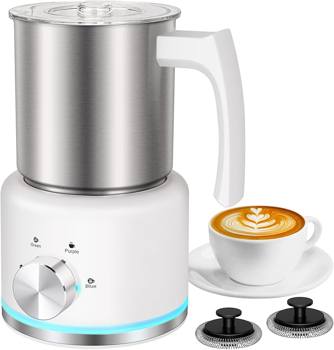 JLFJMGC Milk Frother, 16.9 OZ Milk Frother and Steamer, 4 in 1 Electric Milk Frother Dishwasher Safe Durable Silent Frother for Coffee Hot and Cold Foam Maker (White Stainless)