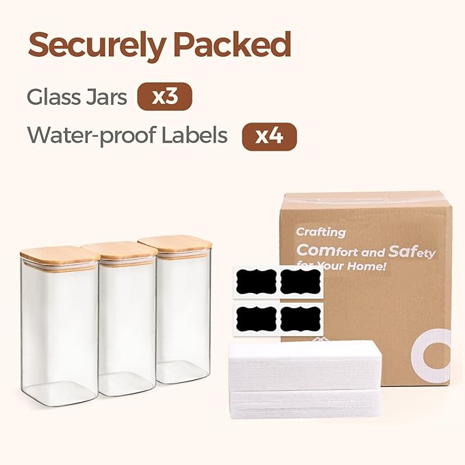 ComSaf Glass Storage Containers wtih Lids 1.6 Qt, Set of 3 Food Storage Jar