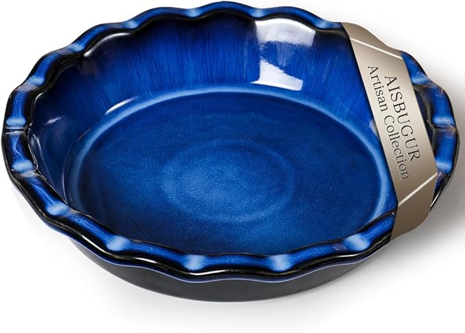 Pie Pan for Baking 9 Inch Ceramic Pie Dish for Apple Pie, Quiche, 48oz Blue