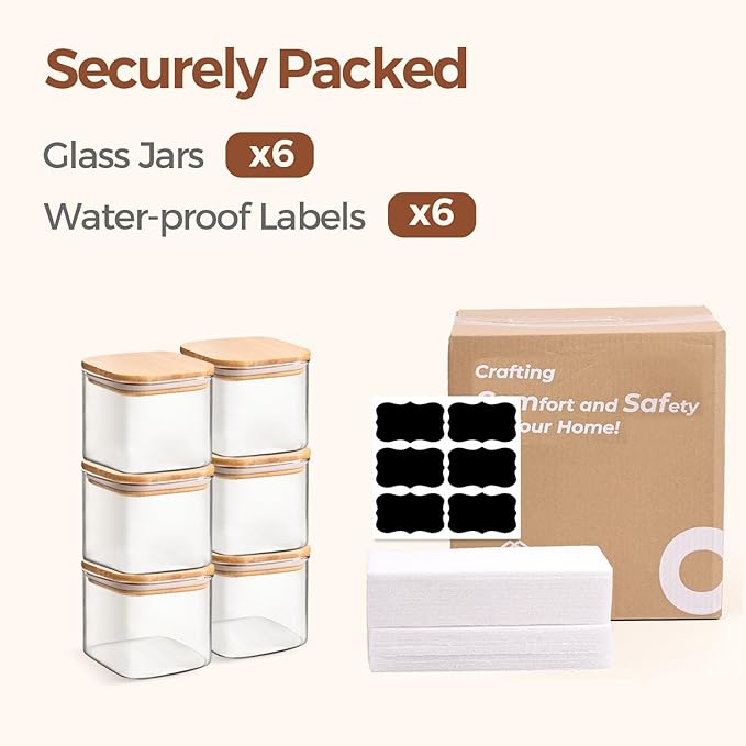 ComSaf Square Glass Containers With Lids 0.6 Qt, Set of 6 Small Galss Jars