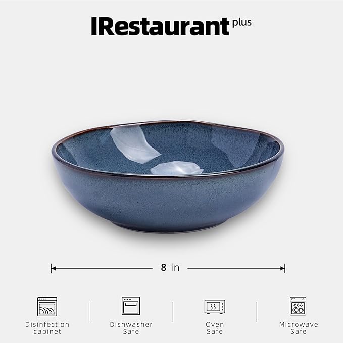 Organic Shape Highland Ceramic Soup/pasta Bowl, 24pcs 30oz Handmade Reactive Glaze Stoneware 8inch Bowls with Wavy Edge, for Kitchen, Microwave & Dishwasher Safe, Scratch Resistant-Blue