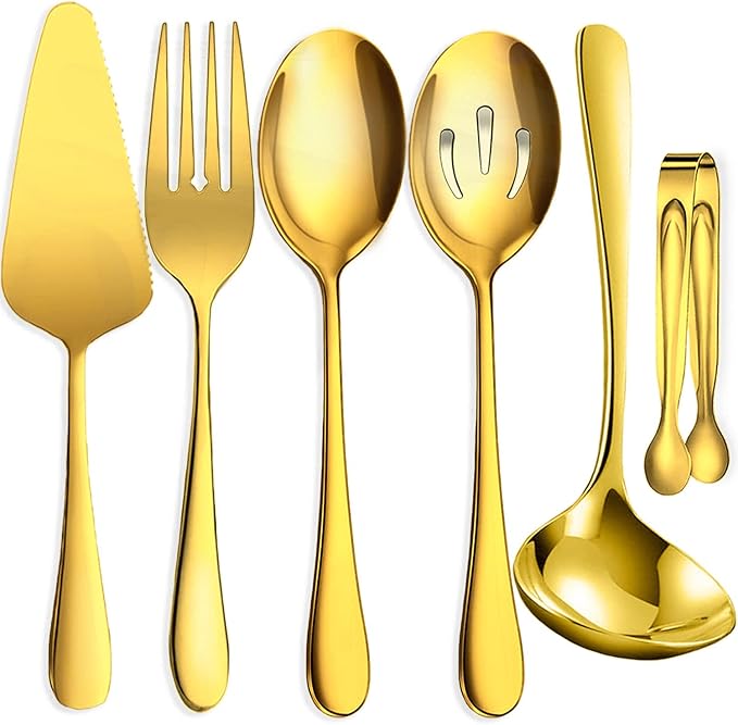 IAXSEE 6 PCS Stainless Steel Serving Utensils, Large Serving Spoons Slotted Spoons, Forks, Ice Suger Tongs, Cake Server, Soup Ladle, Metal Utensils Set Great for Buffet Catering Banquet Party, Gold