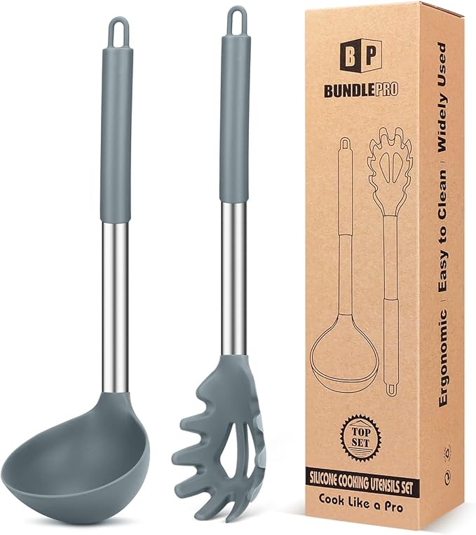 BUNDLEPRO Silicone Pasta Fork and Ladle Spoon Set, 2 Pack, Gray