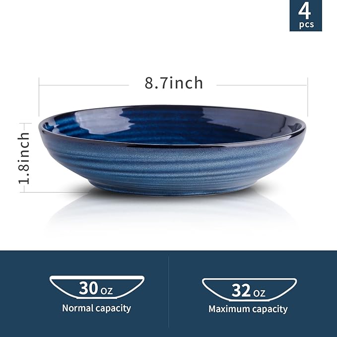 HASENSE Pasta Bowls Set of 2, 8.7 Inch Reactive Glazed Ceramic Salad Serving Bowls for Kitchen, 32 Ounce Shallow Bowls for Pasta Soup Salad Dinner, Microwave Dishwasher Safe, Navy Blue