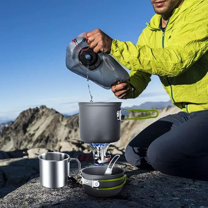 Odoland 8pcs Camping Cookware Mess Kit, Camping Pot and Pan Set with Mini Backpacking Stove, Stainless Steel Cup, Spork and Tank Bracket, Cooking Gear for Outdoor, Hiking, Picnic, Campfire, Green
