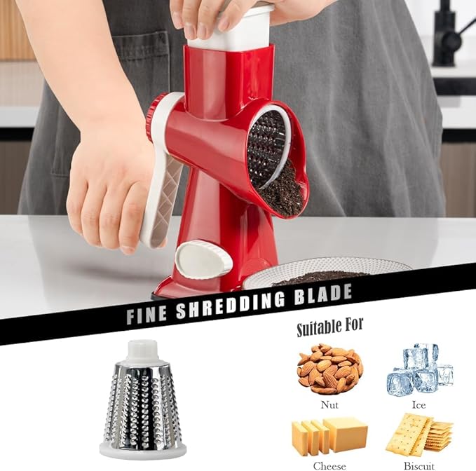 Badelite Cheese Grater Hand Crank Rotating Cheese Shredder Stainless Steel Vegetable Slicer Grater for Kitchen 3 Blades for Cheese, Carrot, Cucumber, Nuts, Chocolate, Red