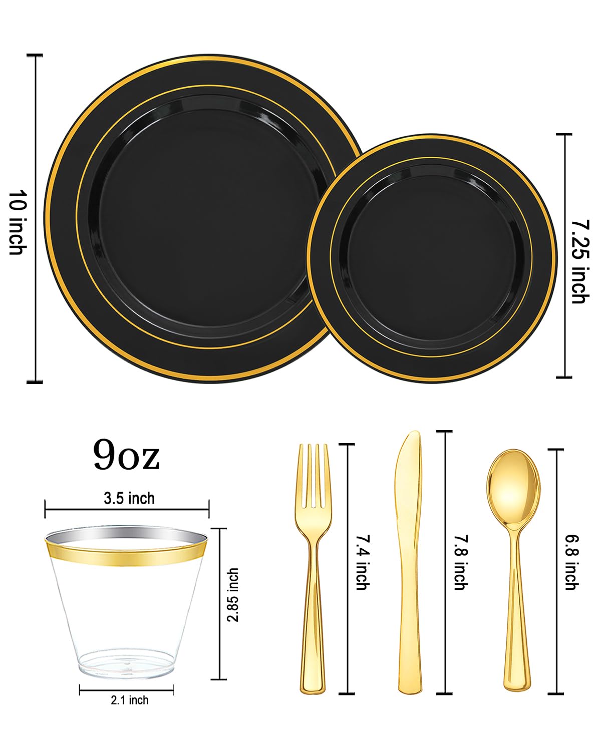 bUCLA 600PCS Black and Gold Disposable Dinnerware Set - Black Plastic Plates Disposable for Party Include 100 Dinner&100 Dessert Plates,100 Knives,100 Forks,100 Spoons,100 Cups for Party & Graduation