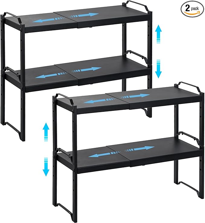 4 Pack Kitchen Cabinet Shelves Organizers, Kitchen Counter Storage Shelf Spice Rack, Expandable Length, Adjustable Height, Stackable, Sturdy 30LBS Bearing, Small Cupboard Tabletop Organizer Shelf Rack